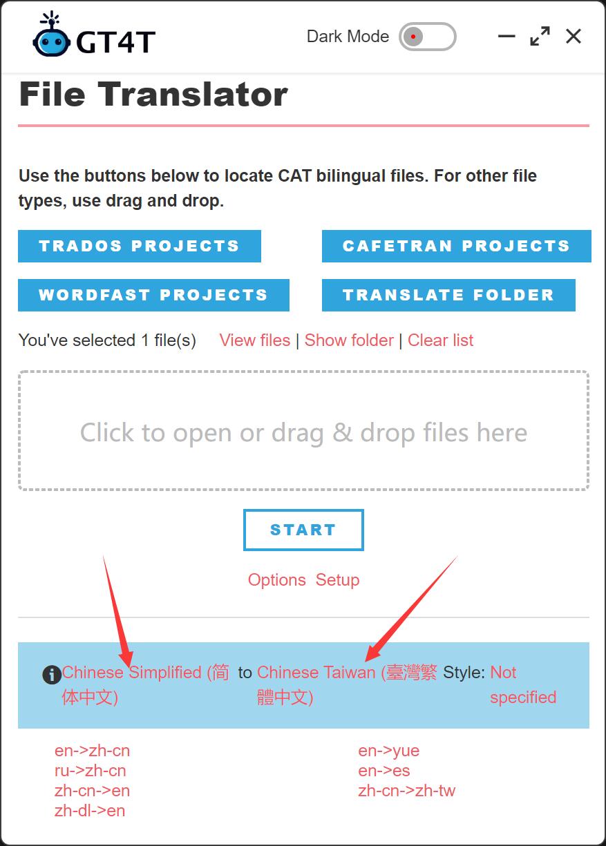 Definir o par de línguas do GT4T